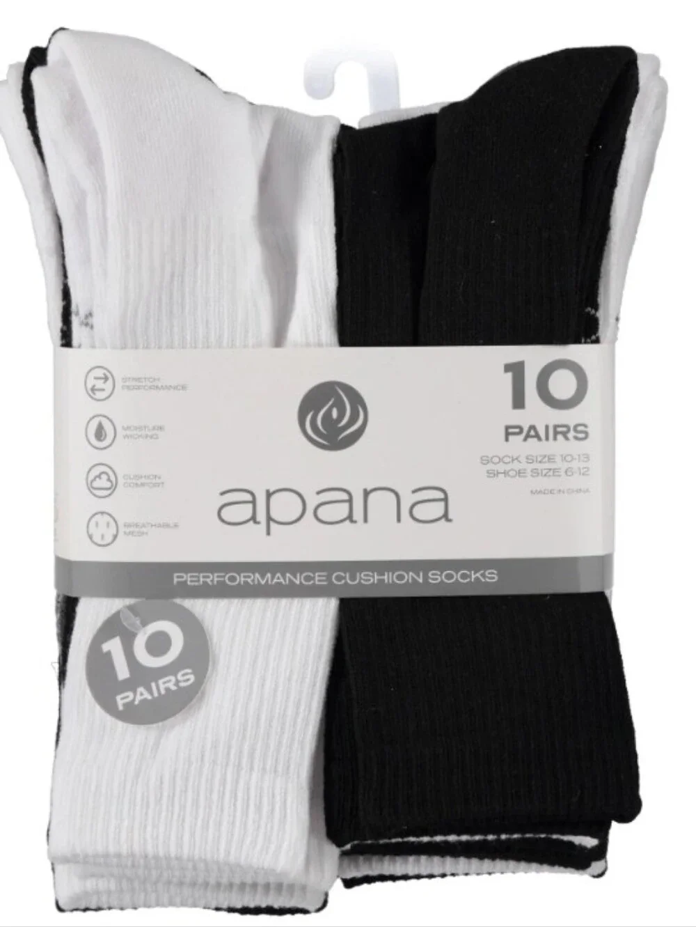 Apana Men's Athletic Cushion Crew Socks - Black & White (10 Pairs)